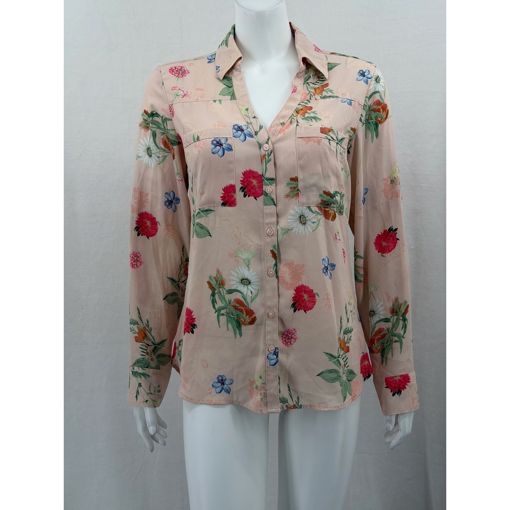 Express Top Womens Medium Pink Blush Floral Button Up Slim Portofino Boho Spring